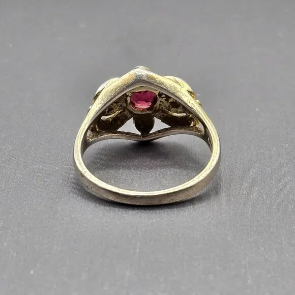Vintage Sterling Silver Garnet Ring Size 9 Repousse Signed STS Art Nouveau Style - Picture 4 of 13
